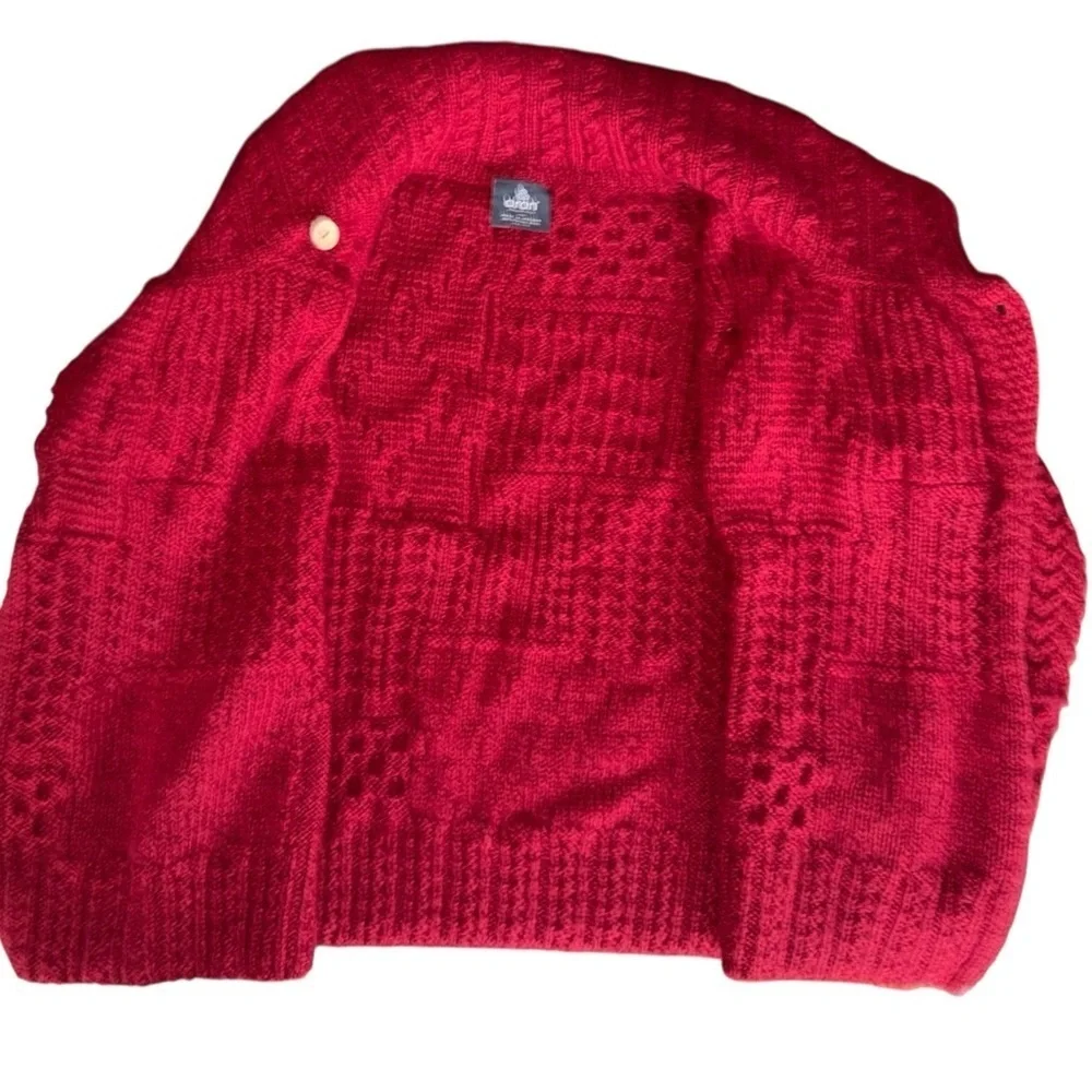 Aran Red Wool Cardigan Irish Patchwork Wrap Button Collar Merino XL - Picture 12 of 16